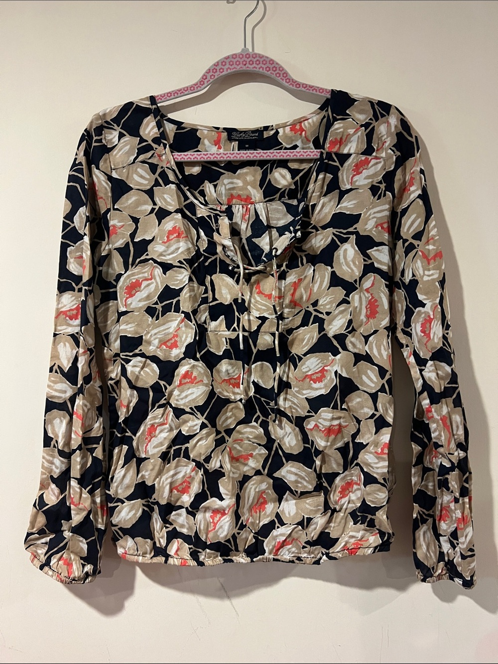Talbots Navy Floral Tie-Neck Long-Sleeve Blouse with Beige and Coral Accents